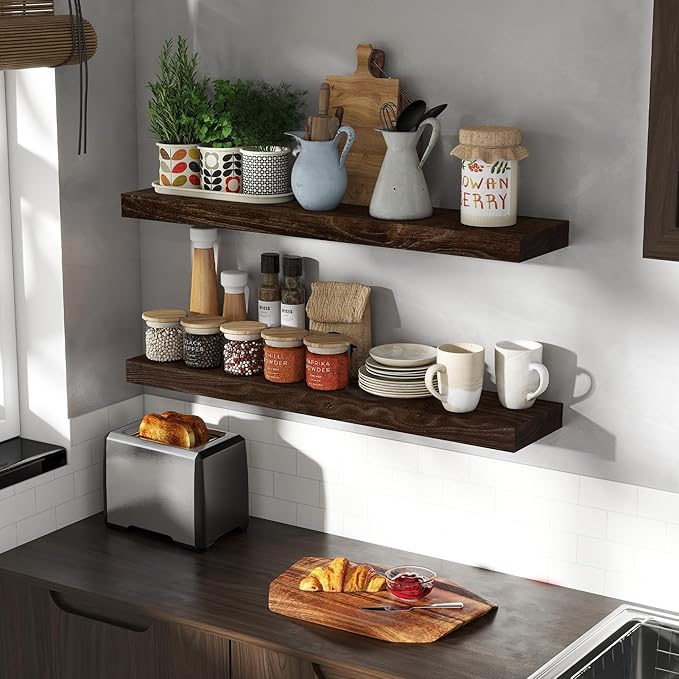 36 Inch Floating Shelves for Wall, Rustic Elm Wood Shelf for Home Decor, Heavy-Duty Wooden Floating Shelves for Kitchen, Wall Mounted Storage Shelves for Bathtoom, Living Room, Walnut Color, Set of 2-CasaMuseHome