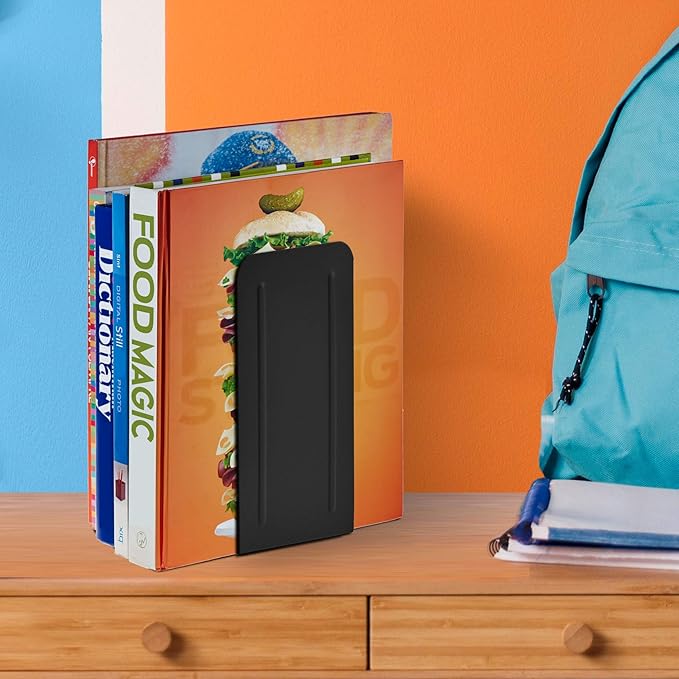 Acrimet Metal Bookends, Jumbo Size 9" H x 4" W x 4-1/2" D, Non-Skid Book Stand for Shelves, Heavy Duty Book Stopper, Black, 1 Pair-CasaMuseHome