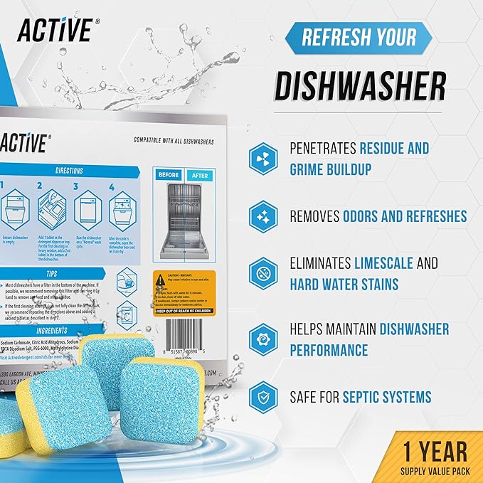 ACTIVE Washing Machine And Dishwasher Cleaning Tablets Bundle - Includes 12 Month Supply Dishwasher Cleaner Deodorizer & Washing Machine Descaler Deep Cleaning Tablets - 48 Tablet Set-CasaMuseHome