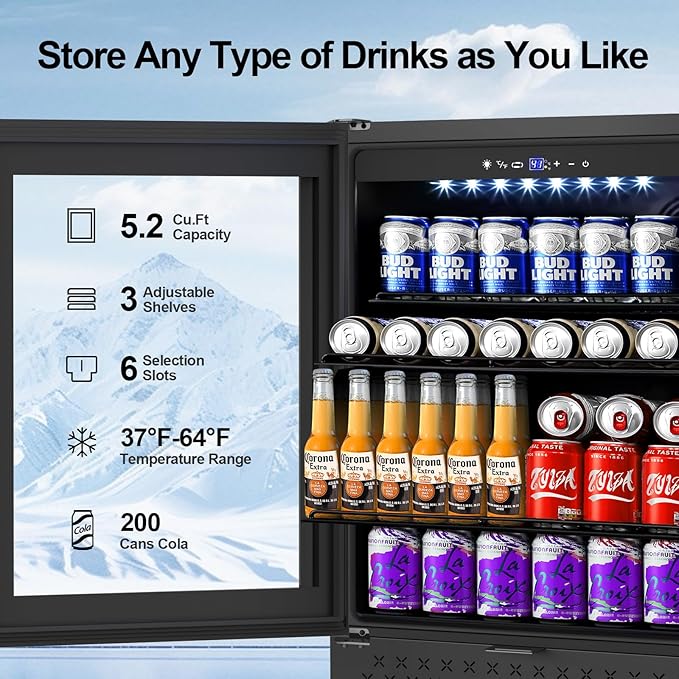 24 Inch Beverage Refrigerator, 5.2 Cu. Ft. Drink Refrigerator with Glass Door, 200 Cans Under Counter & Freestanding Drink Fridge, Reversible Door, Built-In Beverage Cooler for Kitchen, Bar or Office.-CasaMuseHome