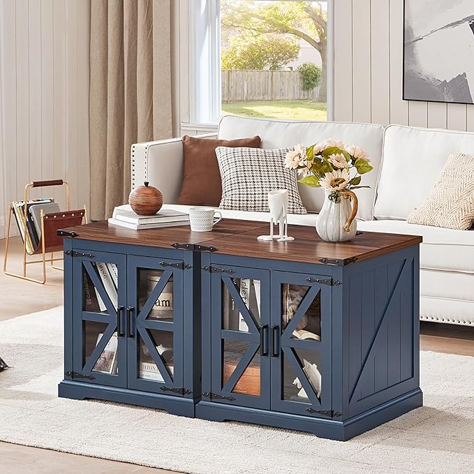 24" End Table with Charging Station, Farmhouse Night Stand with Glass Barn Door, White Nightstands with Adjustable Storage Shelf, Large Wood Square Bed Side Table for Living Room,Bedroom-CasaMuseHome