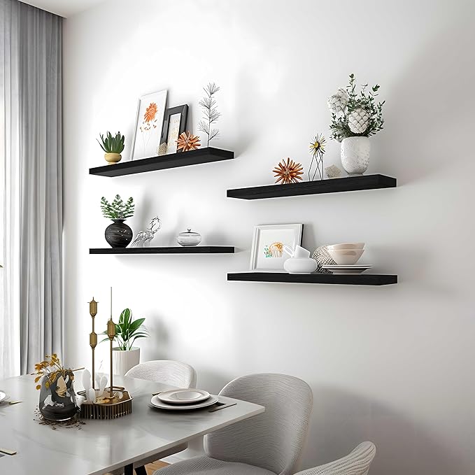 24 Inch Floating Shelves for Wall Rustic Black Wood Wall Shelves for Bedroom Set of 4-CasaMuseHome