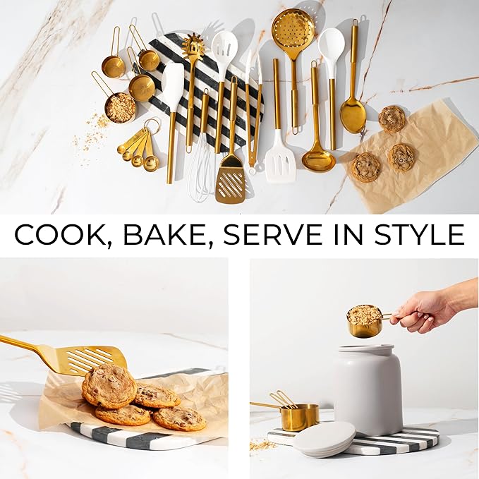Gold Kitchen Utensils Set - 19-Piece Set Includes Stainless Steel Gold Utensils, White Silicone Tools, and Measuring Cups and Spoons - Luxury Kitchen Accessories for Modern Cooking, Serving, & Gifting-CasaMuseHome