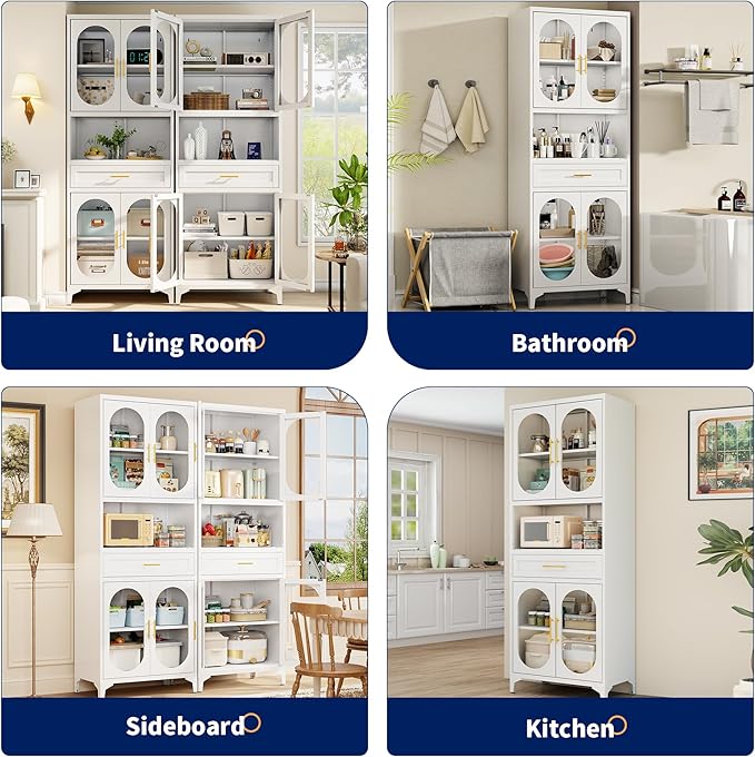 75” Tall Kitchen Pantry Storage Cabinet, Metal Storage Cabinet with 1 Drawer and Adjustable Shelves, Kitchen Pantry Cupboard, Freestanding Cupboard for Bathroom, Living Room (White-Glass Door)-CasaMuseHome