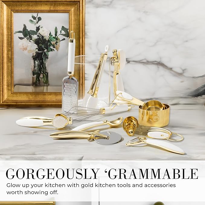 Styled Settings White and Gold Kitchen Utensils Set – 16-Piece Silicone Cooking Utensils with Measuring Cups and Spoons-CasaMuseHome