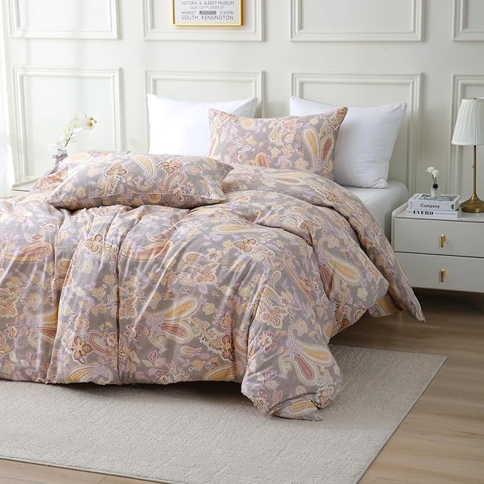 ABREEZE Paisley Bedding Sets 3Pcs Brushed Cotton Duvet Cover Set Queen Size Rustic Damask Gold Floral Comforter Cover with Zipper Closure Boho Bedding Collections-CasaMuseHome
