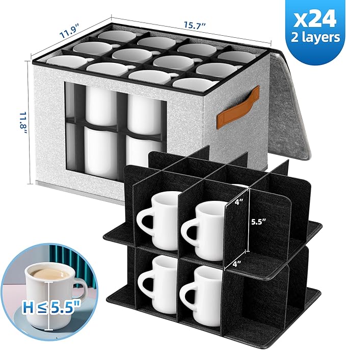 2-Layer Coffee Mug Storage Box with Dividers, Cup Storage Organizer with Zipper Lid and Handles, Stackable China Storage Containers Service for 24 Mugs, Cups and Glasses, Light Grey-CasaMuseHome
