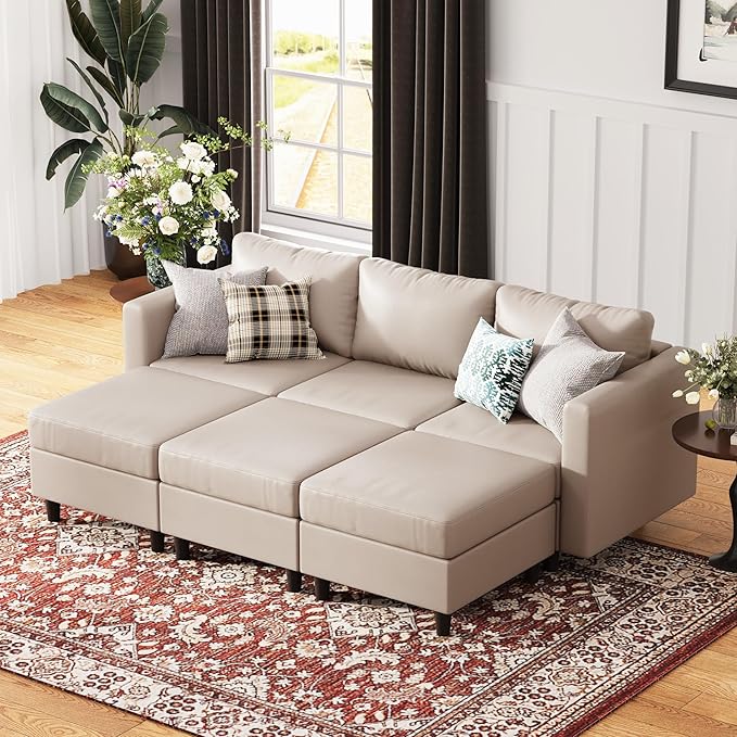 91.5" Luxury Modular Sleeper Sofa Bed with Storage Seat, 6 Seat Sectional Couch Deep Seat with Reversible Chaises & Removable Cover for Living Room - Faux Leather Whitesand-CasaMuseHome