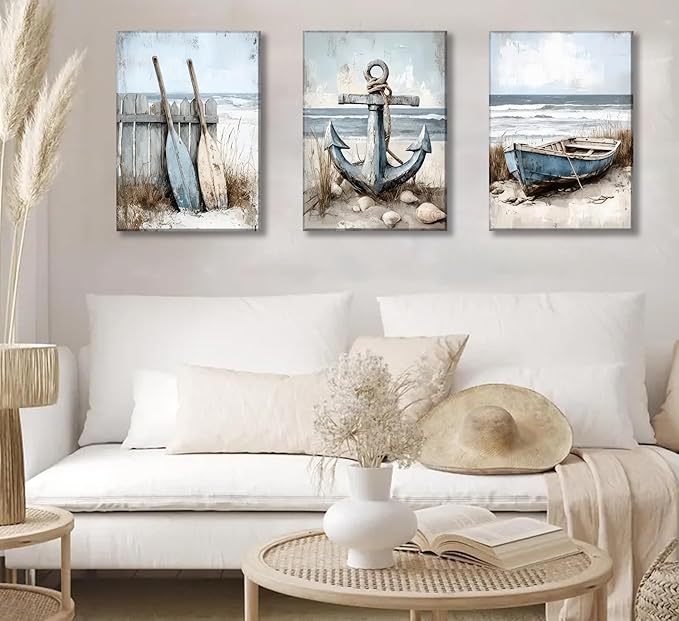 3Pcs Coastal Beach Canvas Wall Art Sailboat Paddle And Anchor Paintings Pictures Wall Decor Nautical Posters Prints Artwork Suitable for Living Room Bedroom Home Office Corridor Home Decroation-CasaMuseHome