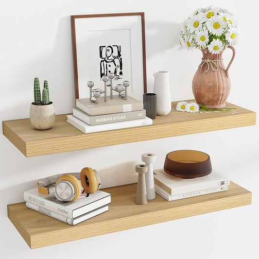 36 Inch Floating Shelves, 11.6 Inch Deep Floating Shelves for Wall, Floating Shelf with Invisible Brackets, Deep Shelves for Bathroom, Bedroom, Living Room, 2 Pack, Natural-CasaMuseHome