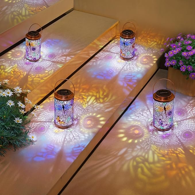 2Pack Solar Outdoor Lanterns Waterproof Multicolor Dragonfly Garden Gifts for Mom Women Backyard Lights Lanterns for Indoor,Outdoor, Porch, Outside,Mothers Day Gifts for Grandma Wife-CasaMuseHome