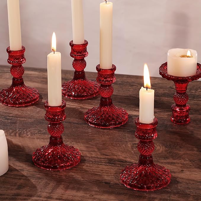 12Pcs Red Candlestick Holders Set- 4" H Taper Candle Holders Bulk, Glass Candle Holders for Activities, Party, Romantic Dinner Table Centerpieces, Festival Gifts & Windowsill Decor-CasaMuseHome