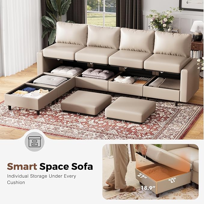 118.5" Faux Leather Modular Sectional Sofa, U Shaped Couch Set for Living Room, Large 8-Seater Comfy Cloud Couches with Storage Seat DIY Combination - Whitesand-CasaMuseHome