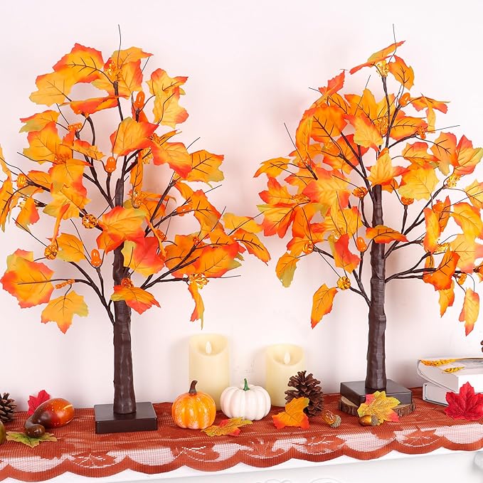 2 Pack 24 Inch Prelit Fall Maple Tree Fall Decor with 48 LED Timer Battery Operated Artificial Fall Light Up Tree Pumpkin Maple Acorn for Fall Thanksgiving Decorations Table Home Indoor Autumn Harvest-CasaMuseHome