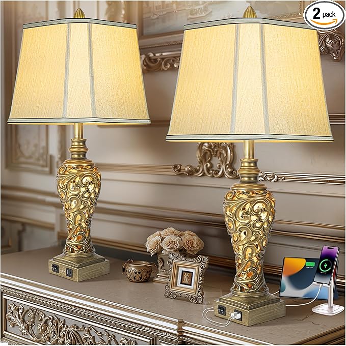 28.5'' Table Lamps Set of 2 for Living Room, Vintage Bedside Lamps with USB A+C Ports & Nightlight, Farmhouse Nightstand Lamps with Faux Silk Shade for Bedroom, Study Room, Office (LED Bulbs Included)-CasaMuseHome