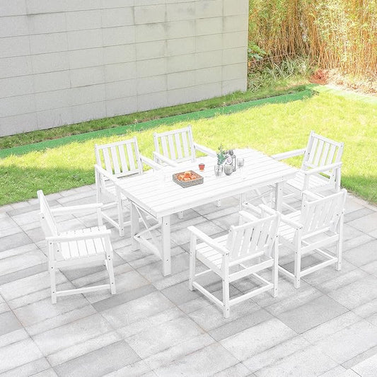7 Pieces HDPE Outdoor Dining Set, Patio Dining Set with Umbrella Hole, All Weather Outdoor Dining Table Sets for 6, HDPE Patio Furniture Sets for Deck, Backyard, Lawn, and Poolside, Pearl-CasaMuseHome