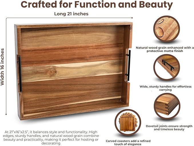 Acacia Wooden Ottoman Tray for Living Room – 21" Large Coffee Table Serving Tray with Handles & 6 Coasters Set, Perfect for Food, Drinks, Kitchen, and Home Decor-CasaMuseHome