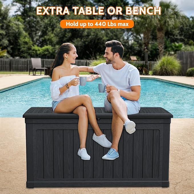 260 Gallon Double-Wall Resin Deck Box - Lockable Waterproof Outdoor Storage Box, 1000lbs Capacity & Doubles as Seating for Patio Furniture - Garden Tools, Pool Accessories (Black)-CasaMuseHome