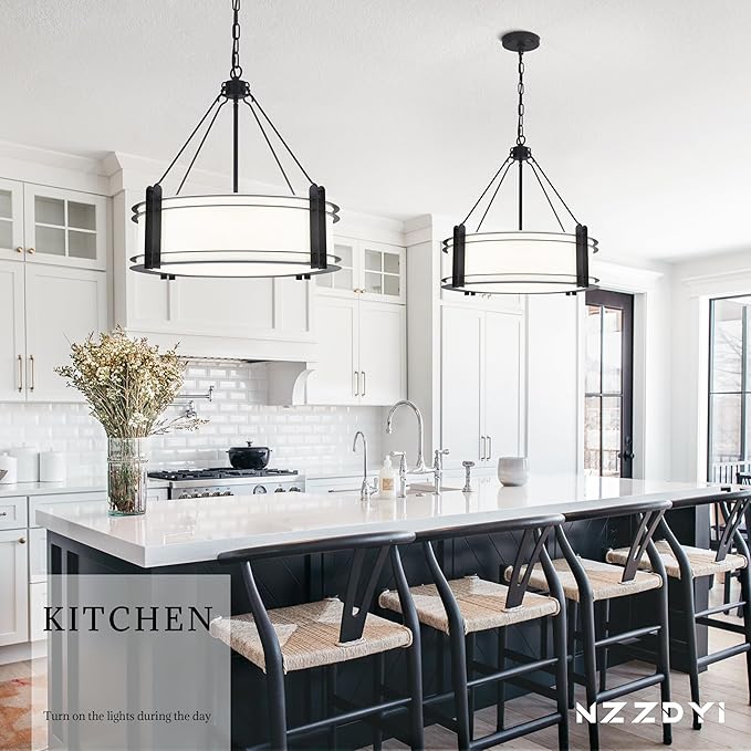 20.4''Drum Chandelier,5-Light Fabric Modern Chandeliers,Black Farmhouse Round Pendant Light Fixture for Dining Room Kitchen Island Living Room Bedroom Hallway-CasaMuseHome