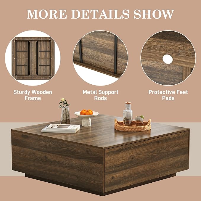 43” Square Coffee Table with Storage, Modern Large Square Center Table with 2 Drawers, Wood Coffee Table for Living Room, Walnut-CasaMuseHome