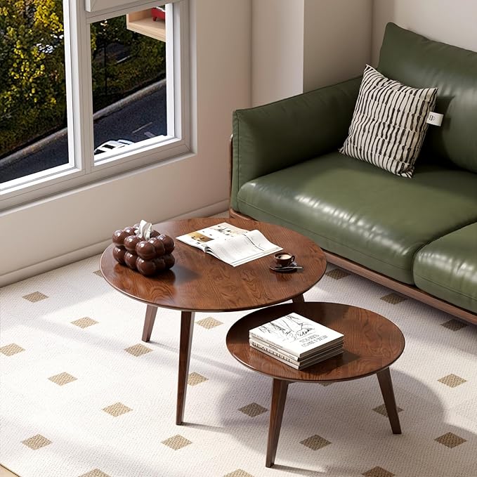 100% Solid Oak Wood Coffee Table Set, Round Coffee Table Combo Side Table w/Solid Wood Legs, Mid Century Table Sturdy Tables for Bedroom Balcony Living Room (Walnut, Big-Medium Combo)-CasaMuseHome
