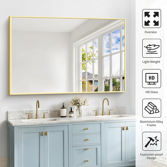 40x60inch Gold Bathroom Mirror, Gold Rectangle Mirror with Frame, Large Rectangular Wall Mirrors for Bathroom, Living Room, Hair Salon, Big Farmhouse Mirror Hang Horizontal/Vertical-CasaMuseHome