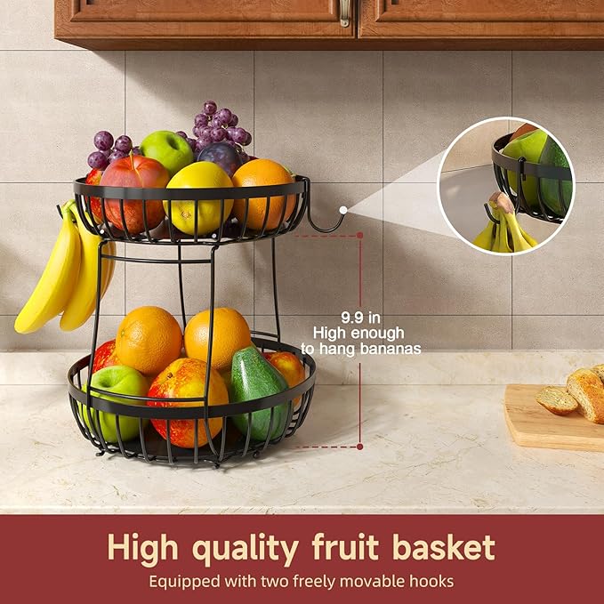 2 Tier Fruit Basket for Kitchen Counter with 2 Banana Hangers, Metal Stackable Fruit Bowl for Kitchen Counter for Bread Vegetable Fruits, Black-CasaMuseHome