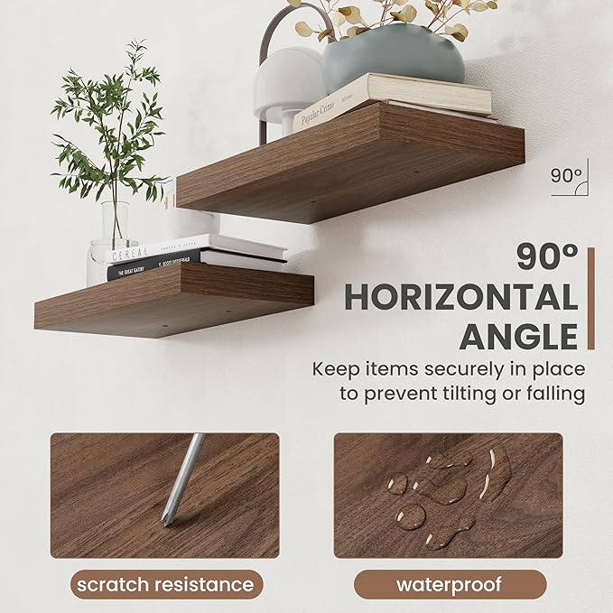 24 Inch Floating Shelves, 8 Inch Deep Floating Shelves for Wall, Hanging Shelf with Invisible Brackets, Deep Shelves for Bathroom, Bedroom, Living Room, Walnut, Set of 2-CasaMuseHome