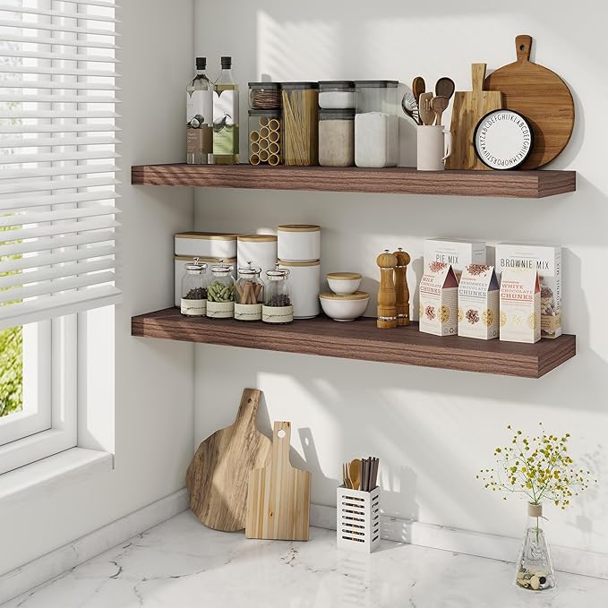 36 Inch Floating Shelves, 9.3 Inch Deep Rustic Wall Shelves - Extra Deeper Wall Mounted Storage Shelves for Bathroom, Kitchen, Living Room (Walnut, Set of 2)-CasaMuseHome