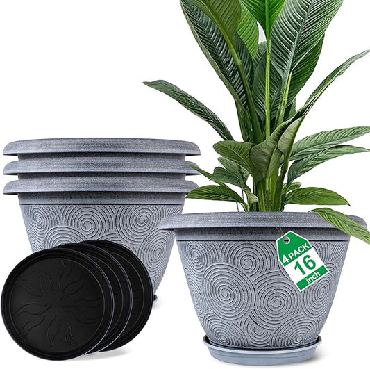 16 Inch Large Planter Pot for Plants Indoor Outdoor, 4 Pack Plastic Flower Pots with Drainage Hole & Tray, Modern Decorative Garden Pot with Saucer, Plant Container for House-CasaMuseHome