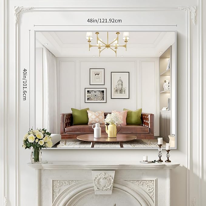 40x48inch Silver Bathroom Mirror, Silver Rectangle Mirror with Frame, Large Rectangular Wall Mirrors for Bathroom, Living Room, Hair Salon, Big Farmhouse Mirror Hang Horizontal/Vertical-CasaMuseHome