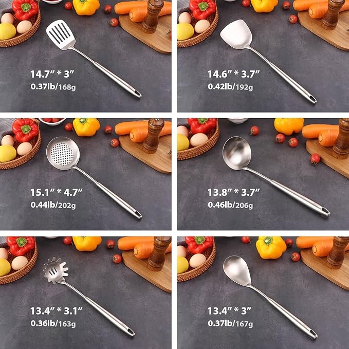 18/10 Stainless Steel Kitchen Utensils Set - 12 PCS All Metal Cooking Tools & 15″ Serving Utensils - Potato Masher, Meat Fork, Tongs, Turner, Pasta, Serving Spoon, Skimmer, Ladle, Spatula Spoon Set-CasaMuseHome