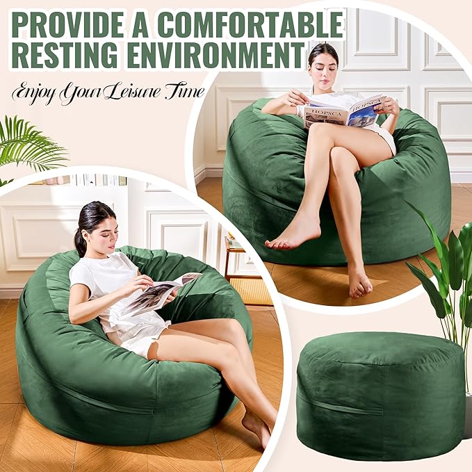 4FT Bean Bag Chair: Bean Bag with Velvet Cover, Fluffy and Comfy Bean Bag Chairs for Adults and Kids, Bean Bag Sofa Filled with High-Density Sponge for Gaming (Green)-CasaMuseHome