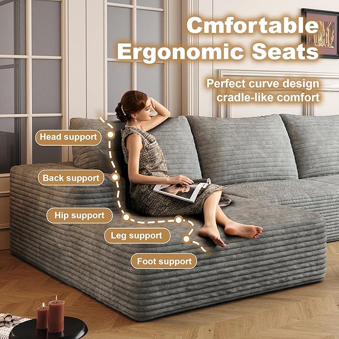 136" Sectional Couches for Living Room Modern Modular Sofa with L-Shape Couchs Upholstered Boneless Couch Deep Seat Sectional Couch with Chaise (Grey, Left Facing Chaise+3Seaters+Ottoman)-CasaMuseHome