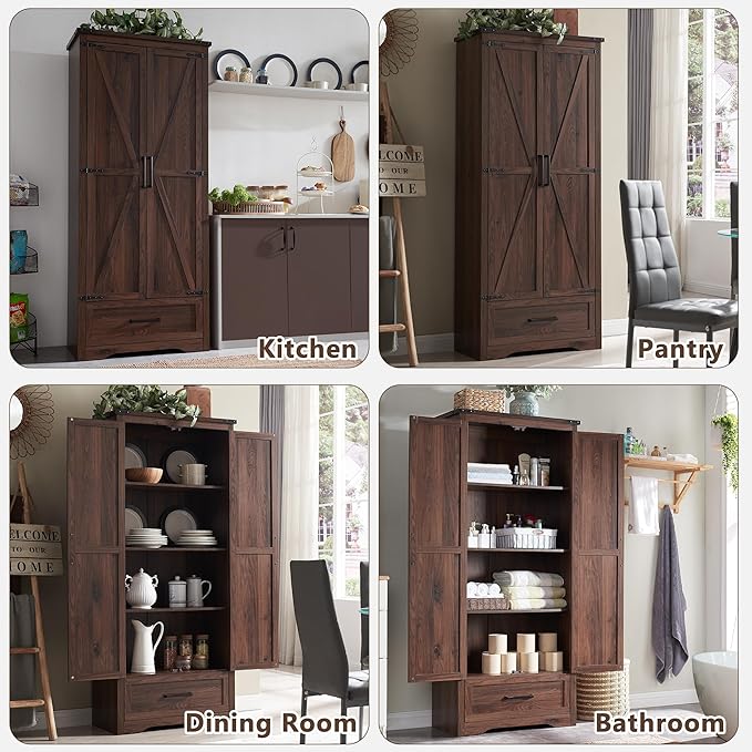 72" Tall Wood Storage Cabinet, Farmhouse Kitchen Pantry Cabinet with Adjustable Shelves & Drawer & Barn Doors, Versatile Storage for Kitchen, Dining Room, Bathroom, Brown-CasaMuseHome