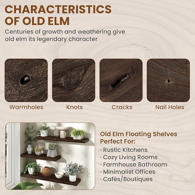 55" Floating Shelves for Wall, Rustic Elm Wood Floating Shelf for Home Decor, Wall-Mounted Display Shelves with Heavy-Duty Bracket, Long Floating Shelf for Bathroom, Kitchen, Living Room, Walnut Color-CasaMuseHome