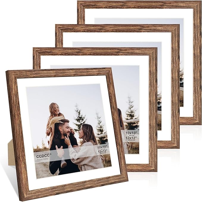 12x12 Picture Frame Set of 4, 12 x 12 Wood Photo Frames with Mat for 10x10 or 30x30cm Diamond Painting Art, Wooden Frame with Real Glass Cover for Wall and Tabletop Display,Rustic Brown-CasaMuseHome