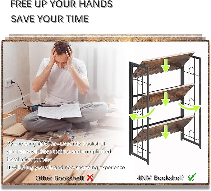 4NM No Assembly 3 Tiers Folding Bookshelf, 35" H Foldable Storage Shelves Vintage Bookcase Standing Racks Study Organizer Home Office - Rustic Brown Black-CasaMuseHome