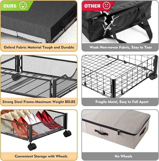 2 Pack Under Bed Storage with Wheels, 36" Lengthen Underbed Storage Containers with Lids, Large Capacity Under Bed Shoe Storage, Metal Clothes Organizer, Storage Box for Clothing Shoes Blankets Sheet-CasaMuseHome