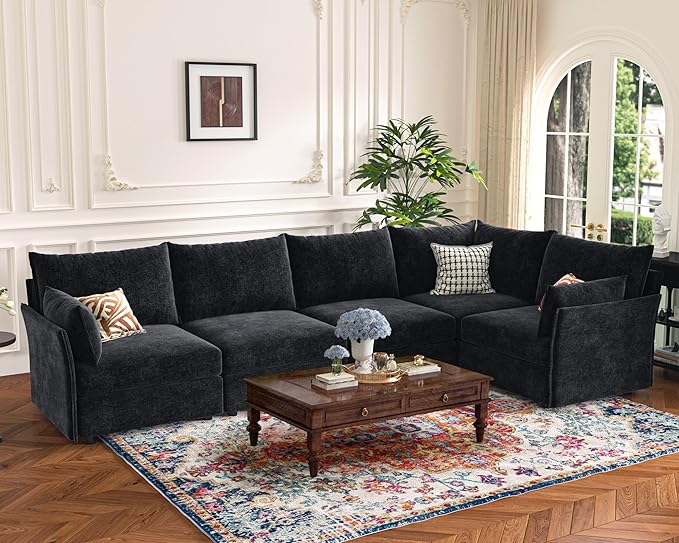 134.6" Modular Sectional Sofa, Oversized 4 Seater Couch with Removable Black Chenille Fabric Cover, Deep Seat & High Backrest for Living Room, Office & Apartment-CasaMuseHome