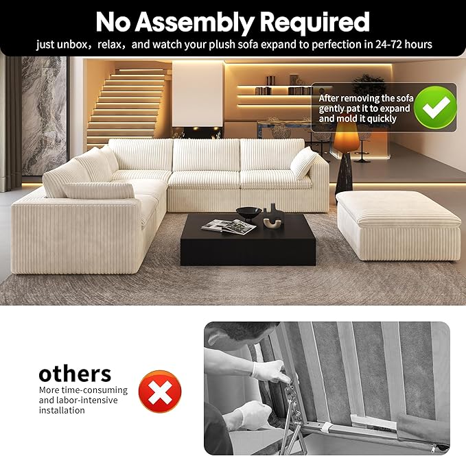 118" 6-Seater Cloud Sofa,Modular Sectional Couch with Ottoman,Modern Deep Seat Upholstered Couches with Plush Corduroy Fabric for Living Room Furniture,Bedroom and Apartment,No Assembly Required,White-CasaMuseHome