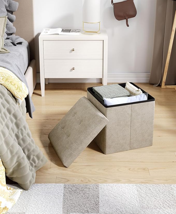 15 Inches Small Folding Storage Ottoman Cube, Storage Footrest, Foot Rest Stool, for Living Room, Bedroom, Dorm, Hallway, Entryway, Sandy Beige-CasaMuseHome