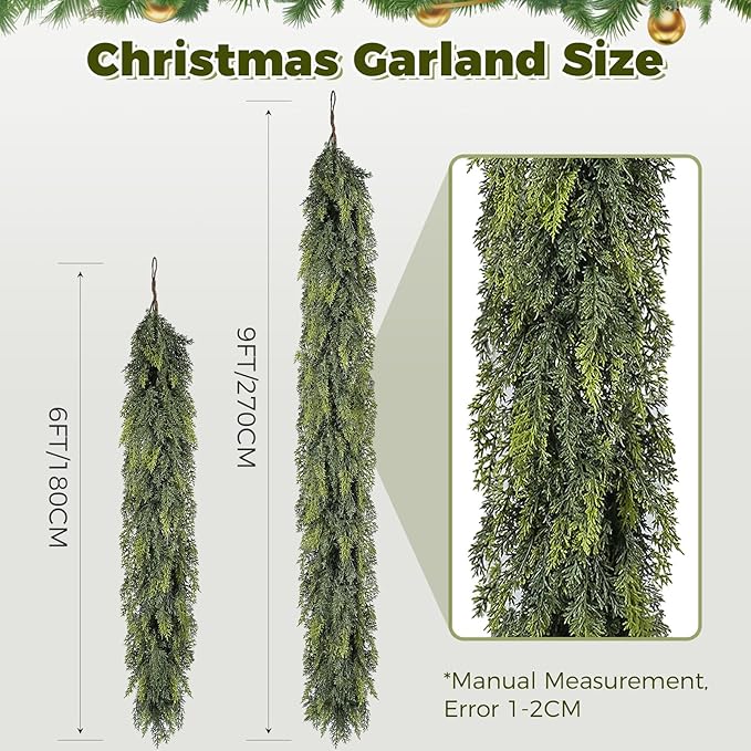 6 ft Christmas Garland, Cedar Garland, Real Touch Cypress Garlands, Green Artificial Greenery Garland for Mantel Indoor Outdoor Christmas Decorations-CasaMuseHome