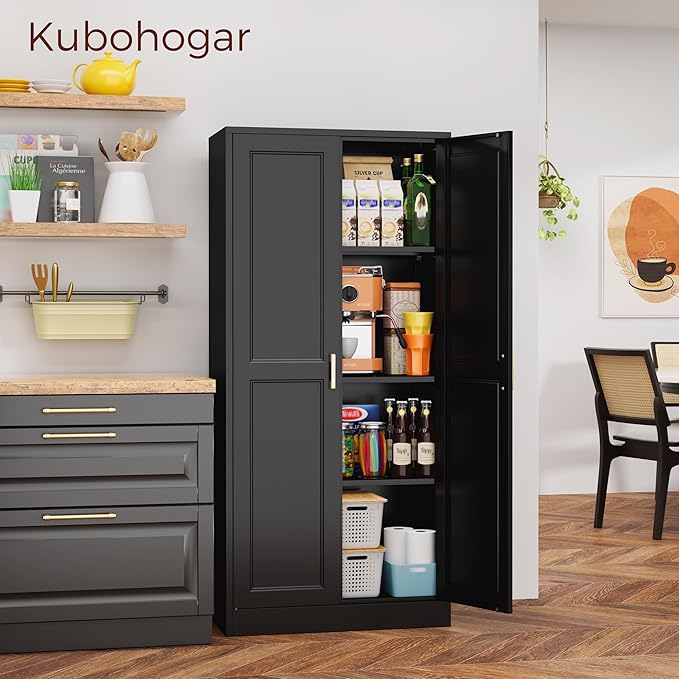 60" Tall Metal Pantry Cabinet, Black Kitchen Pantry Storage Cabinet with Doors and 3 Adjustable Shelves, Cupboard for Kitchen, Dining Room, Living Room, Bathroom-CasaMuseHome