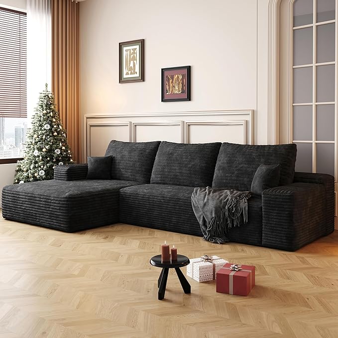 108" Sectional Couches for Living Room Modern Modular Sofa with L-Shape Couchs Upholstered Boneless Couch Deep Seat Sectional Couch with Chaise (Black, Left Facing Chaise+2Seaters)-CasaMuseHome