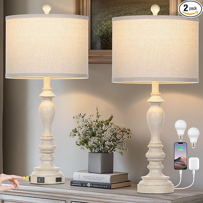 27.5" Retro Table Lamps Set of 2 with USB A+C Charging Ports -Nightstand Lamp for Bedroom Vintage Rustic Table Lamps for Living Room Traditional Nightstand Bedside Lamps（2 Bulbs Included）-CasaMuseHome