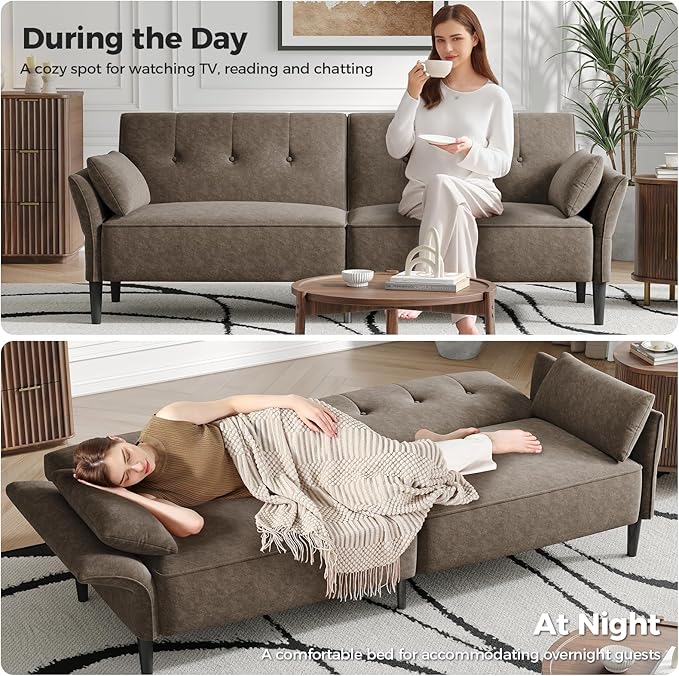 89” Futon Sofa Bed, Comfy Futon Couch Bed with 2 Square Pillows, Convertible Sleeper Sofa with Adjustable Backrest& Armrests, Modern Loveseat Sleeper for Living Room, Bedroom, Light Brown-CasaMuseHome