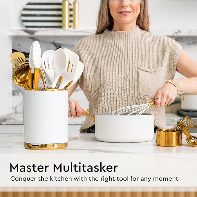 Gold Kitchen Utensils Set - 19-Piece Set Includes Stainless Steel Gold Utensils, White Silicone Tools, and Measuring Cups and Spoons - Luxury Kitchen Accessories for Modern Cooking, Serving, & Gifting-CasaMuseHome