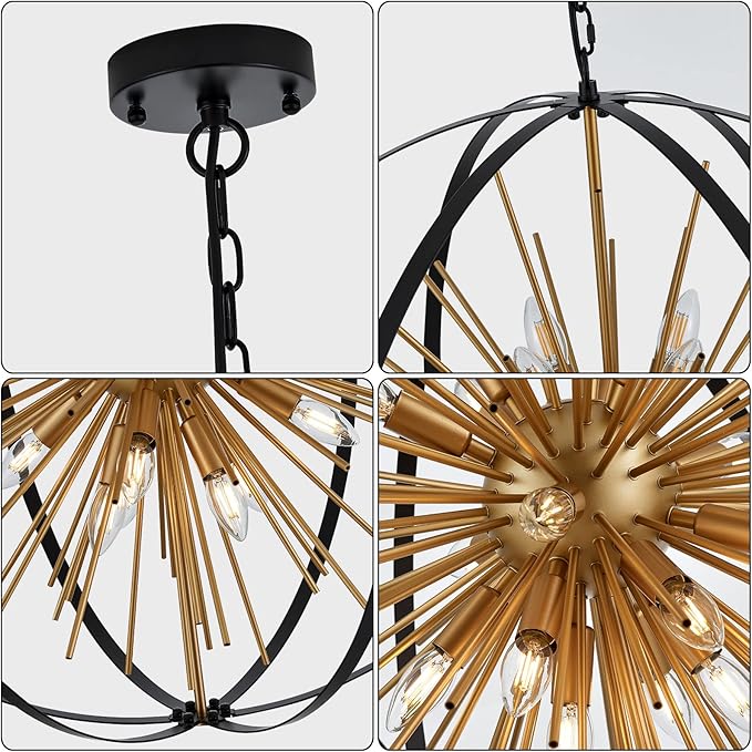 31.5" Black Gold 16-Light Globe Sputnik Chandelier Modern Industrial Adjustable Hanging Ceiling Firework Pendant Light Fixture for Entryway Foyer Stairway Bedroom Dining Living Room Hallway-CasaMuseHome