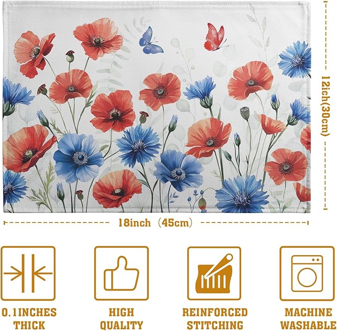 4th of July Floral Placemats Set of 4 Patriotic Summer Red Blue Flowers Linen Fabric Table Mats America Memorial Day Independence Day Place Mats for Party Kitchen Dining Decoration-CasaMuseHome